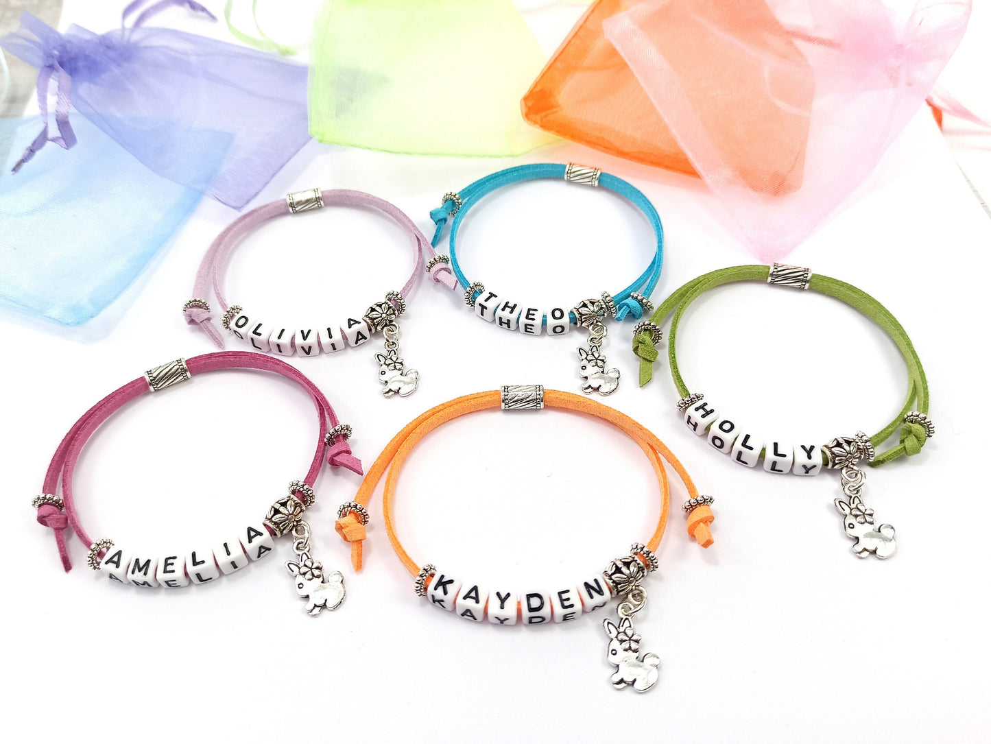 Childrens Name Bracelet with Rabbit Charm | Personalised Gift | Kids Bracelet | Choice of colours