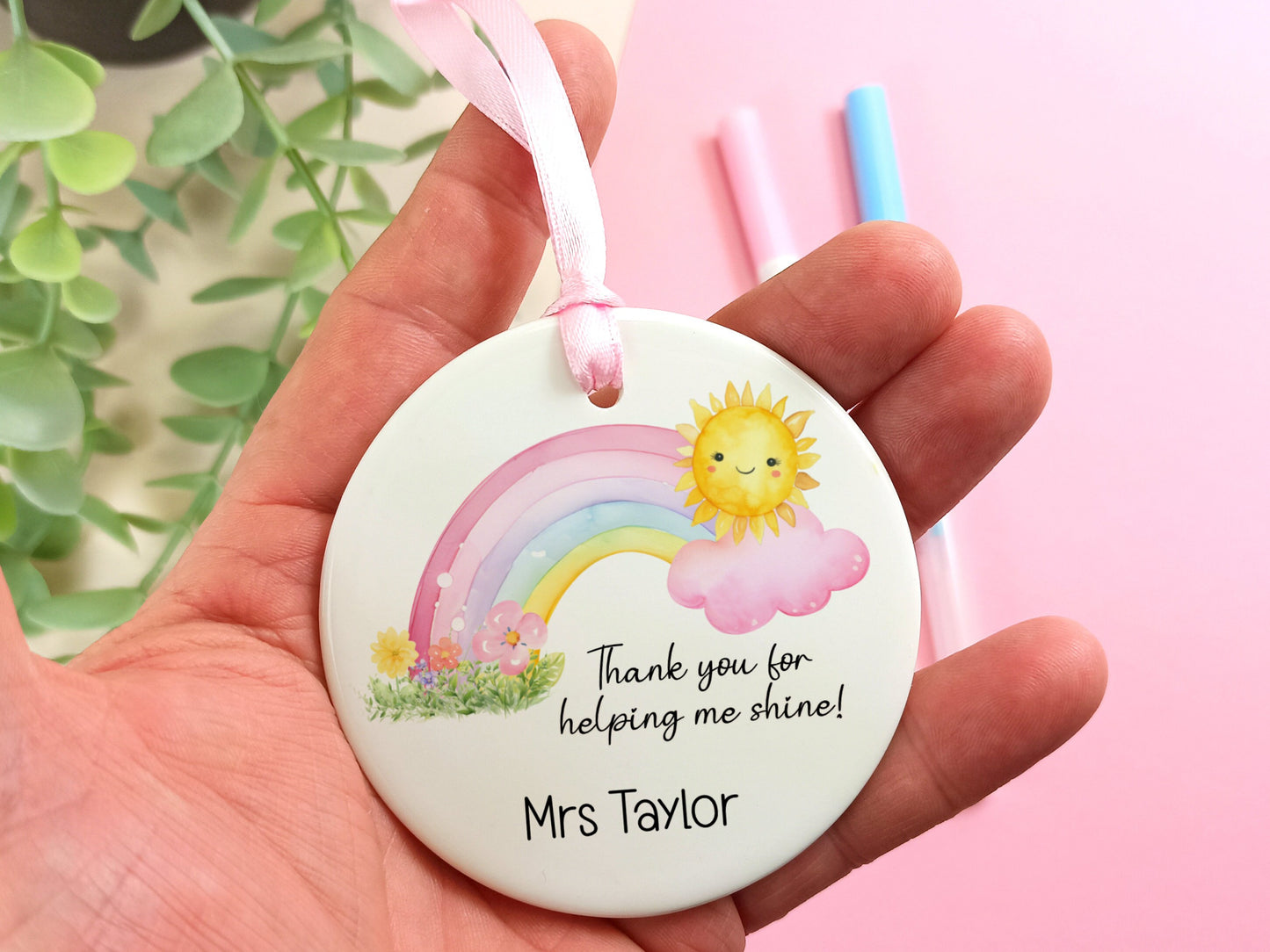 Teacher Gift.  Ceramic Hanging Keepsake personalised with name, presented in a gift box.  Thank you gift for teaching staff.