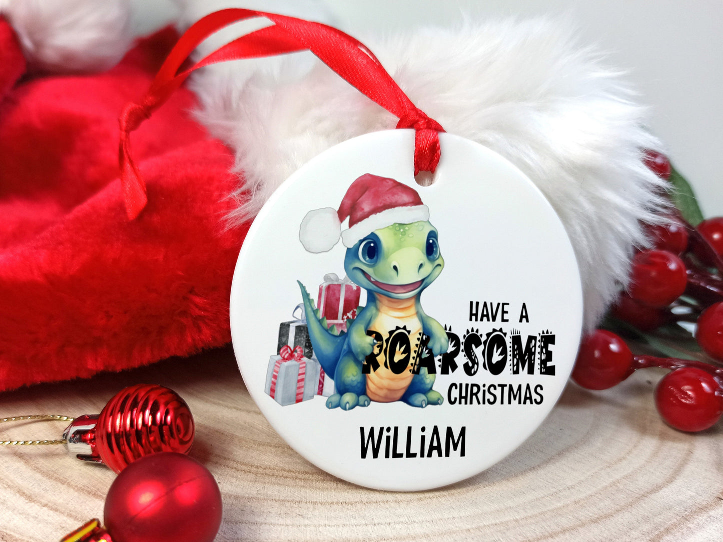 Dinosaur Ceramic Christmas Decoration Personalised with name