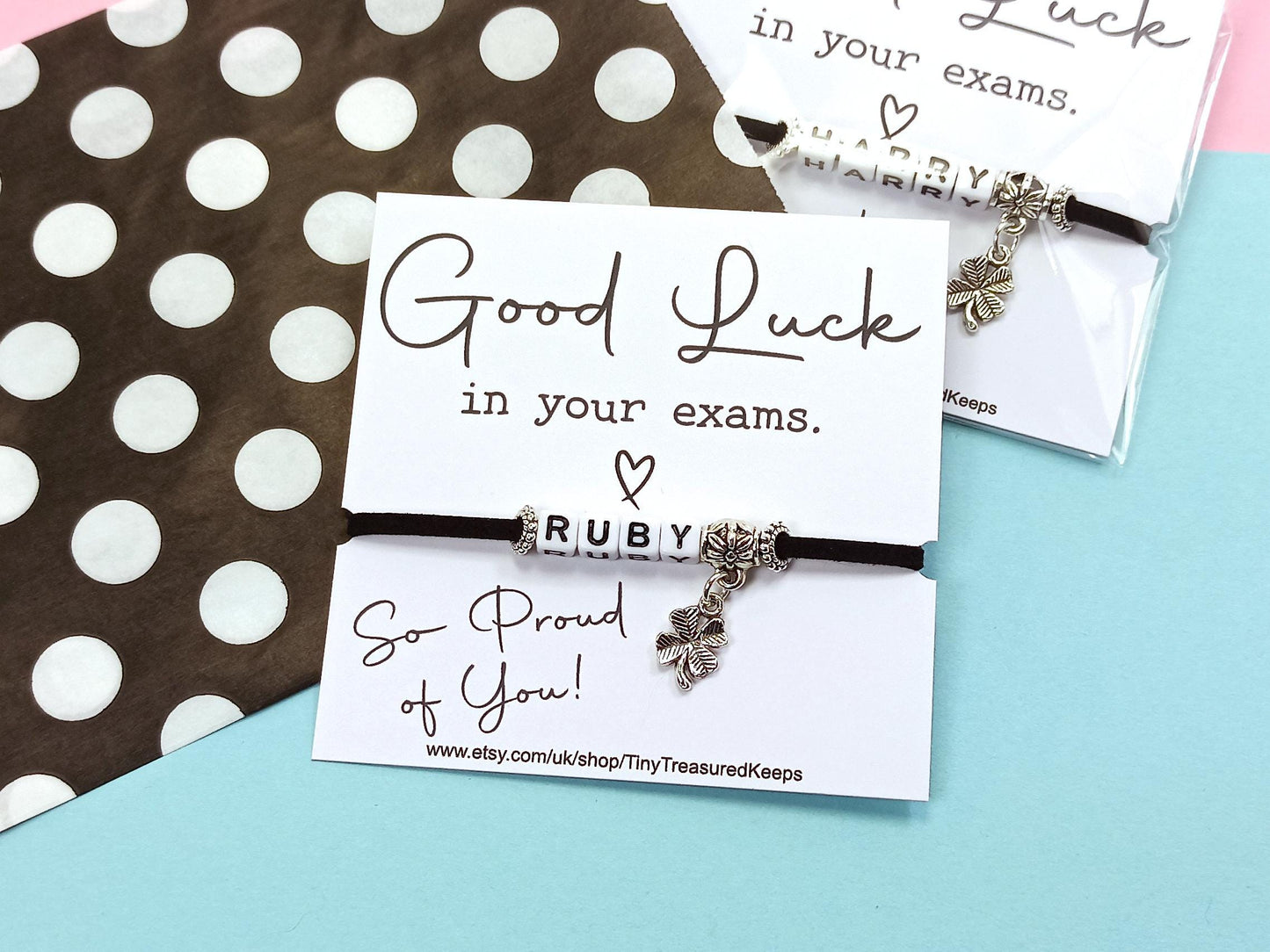 Good Luck Exams,  Personalised Bracelet with Name, Clover Charm