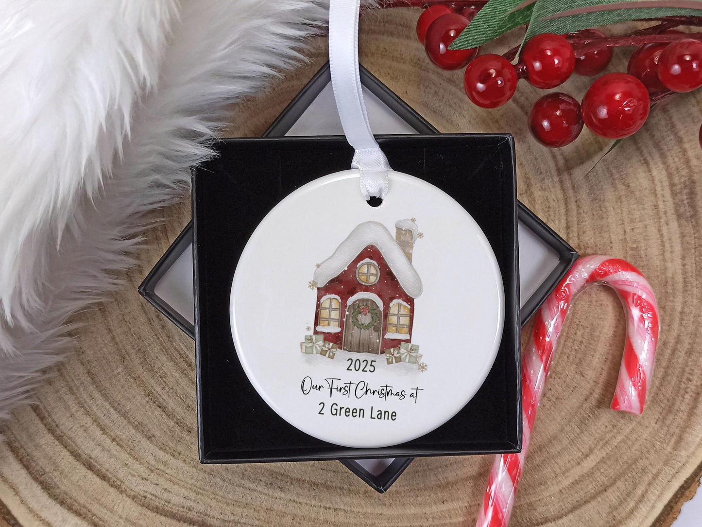 Our First Christmas at Personalised Address Ornament | Custom Ceramic Christmas Tree Decoration | New Home Gift with Gift Box