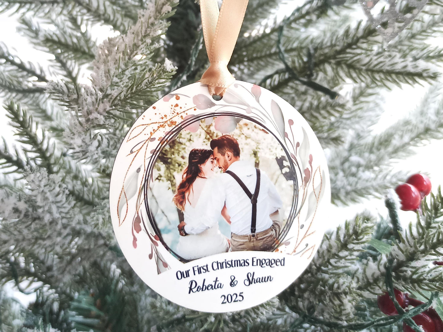 Our First Christmas Engaged, Personalised Photo Tree Decoration