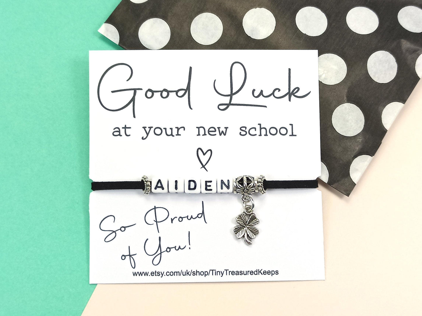 Good Luck at your New School Bracelet – Personalised Name Gift – Back to School Keepsake –  Choose Colour – New School Year Gift