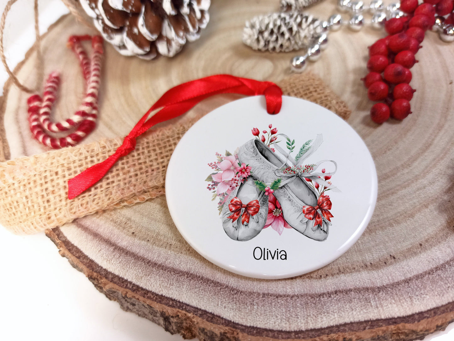 Ballet Ceramic Christmas Decoration Personalised with name, Hanging Xmas Tree Ornament for a Ballerina