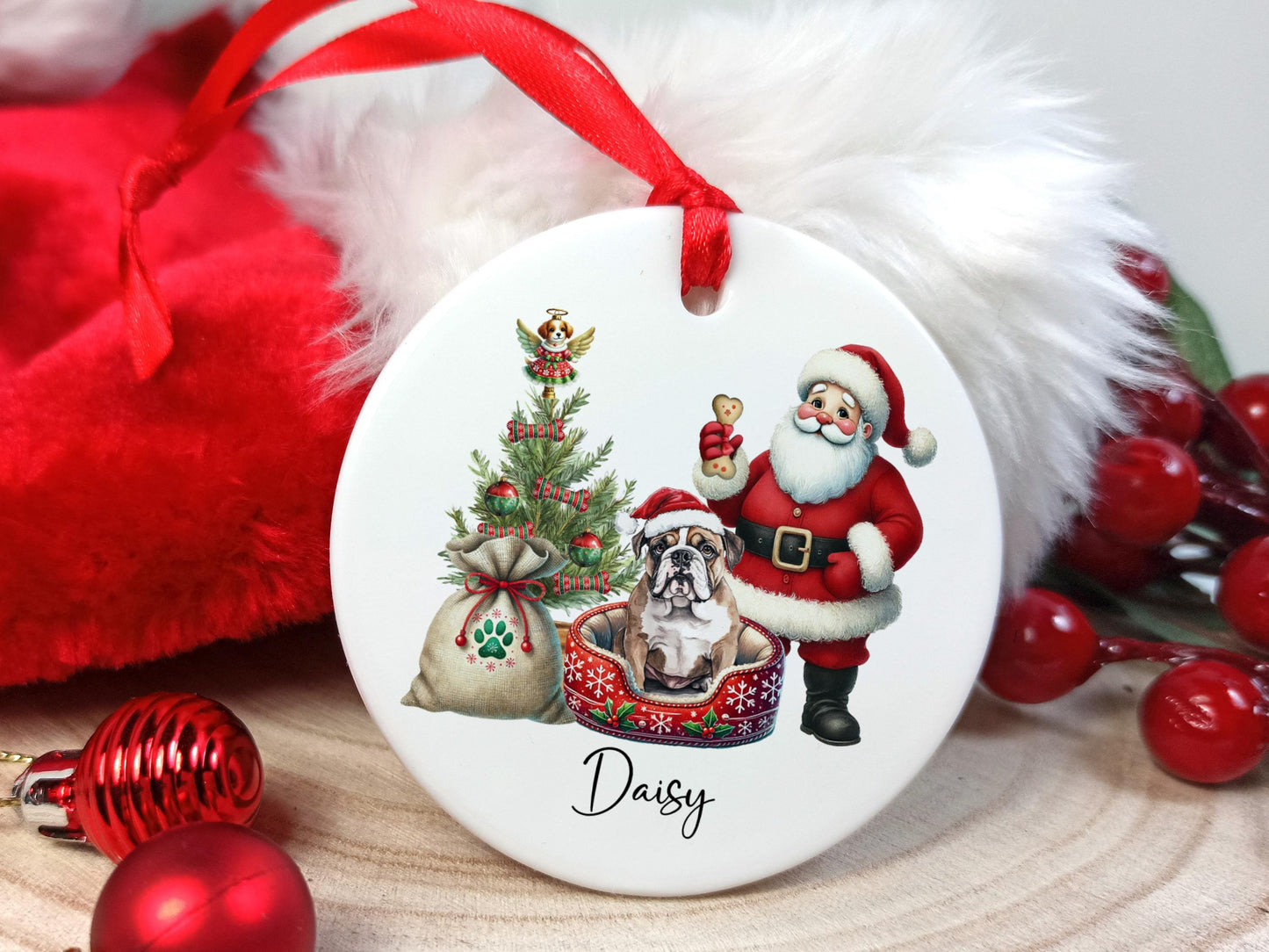 Bulldog Christmas Personalised Ornament | Ceramic Dog Tree Decoration | Festive Pet Name Gift |  Keepsake