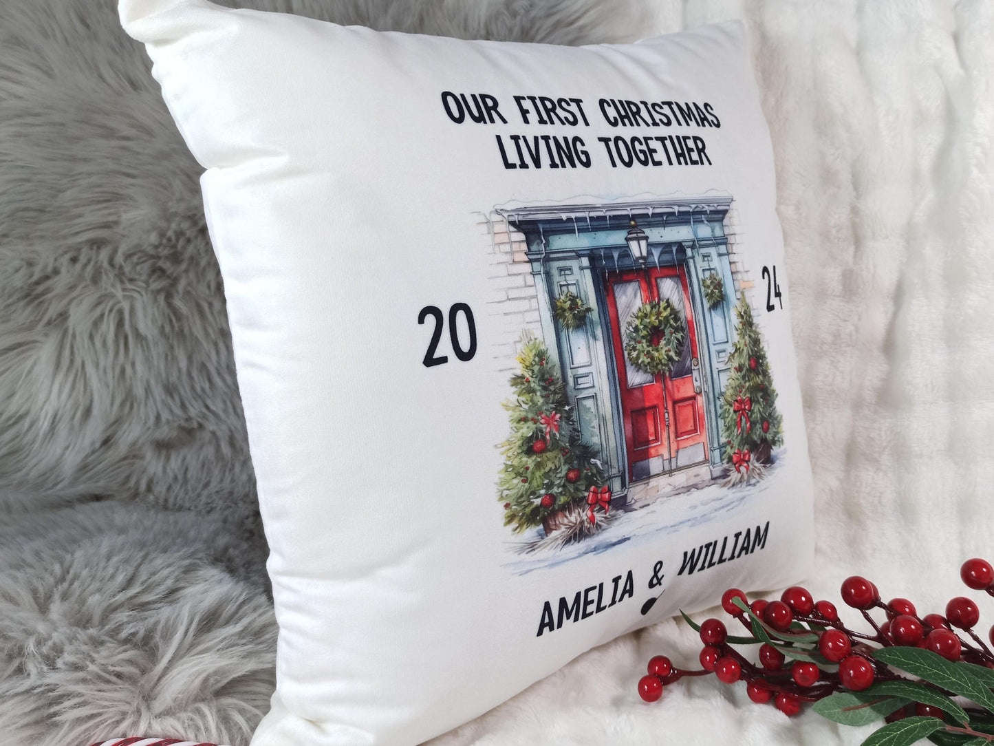 First Christmas Living Together Cushion. Personalised gift for couples.