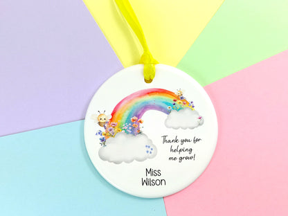 Teacher Gift.  Ceramic Hanging Keepsake personalised with name, presented in a gift box.  Thank you for helping me grow.