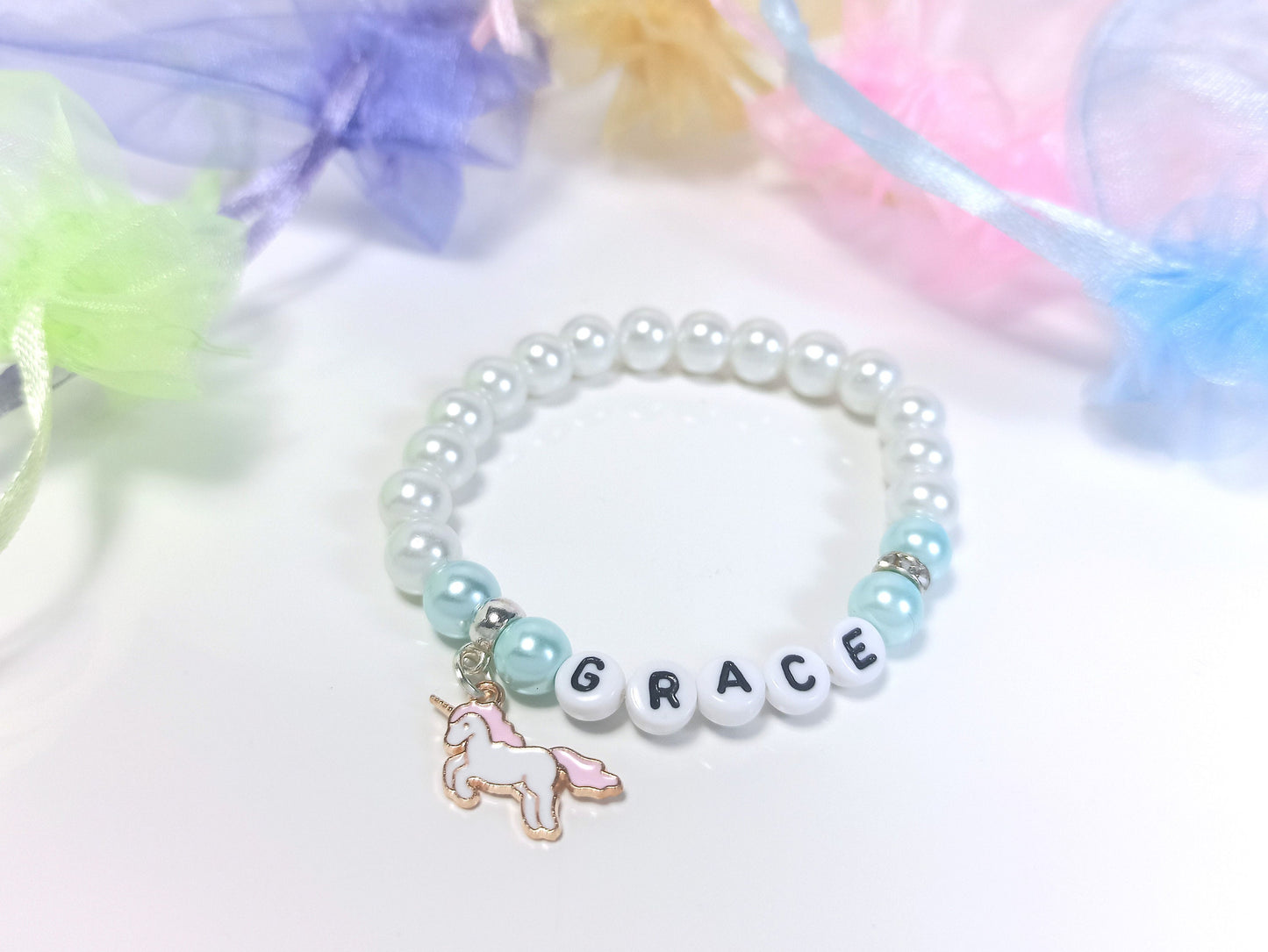 Girls Unicorn Name Bracelet  Beaded Personalised