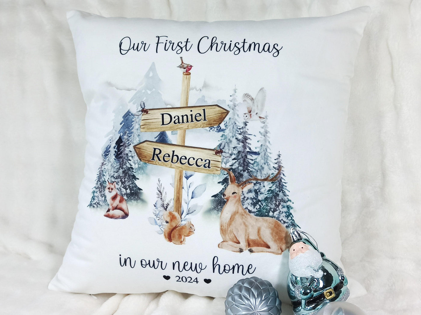 First Christmas in our new home personalised cushion.