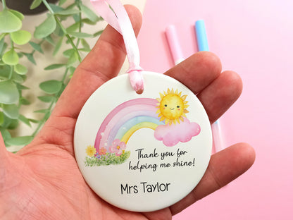 Teacher Gift.  Ceramic Hanging Keepsake personalised with name, presented in a gift box.  Thank you gift for teaching staff.