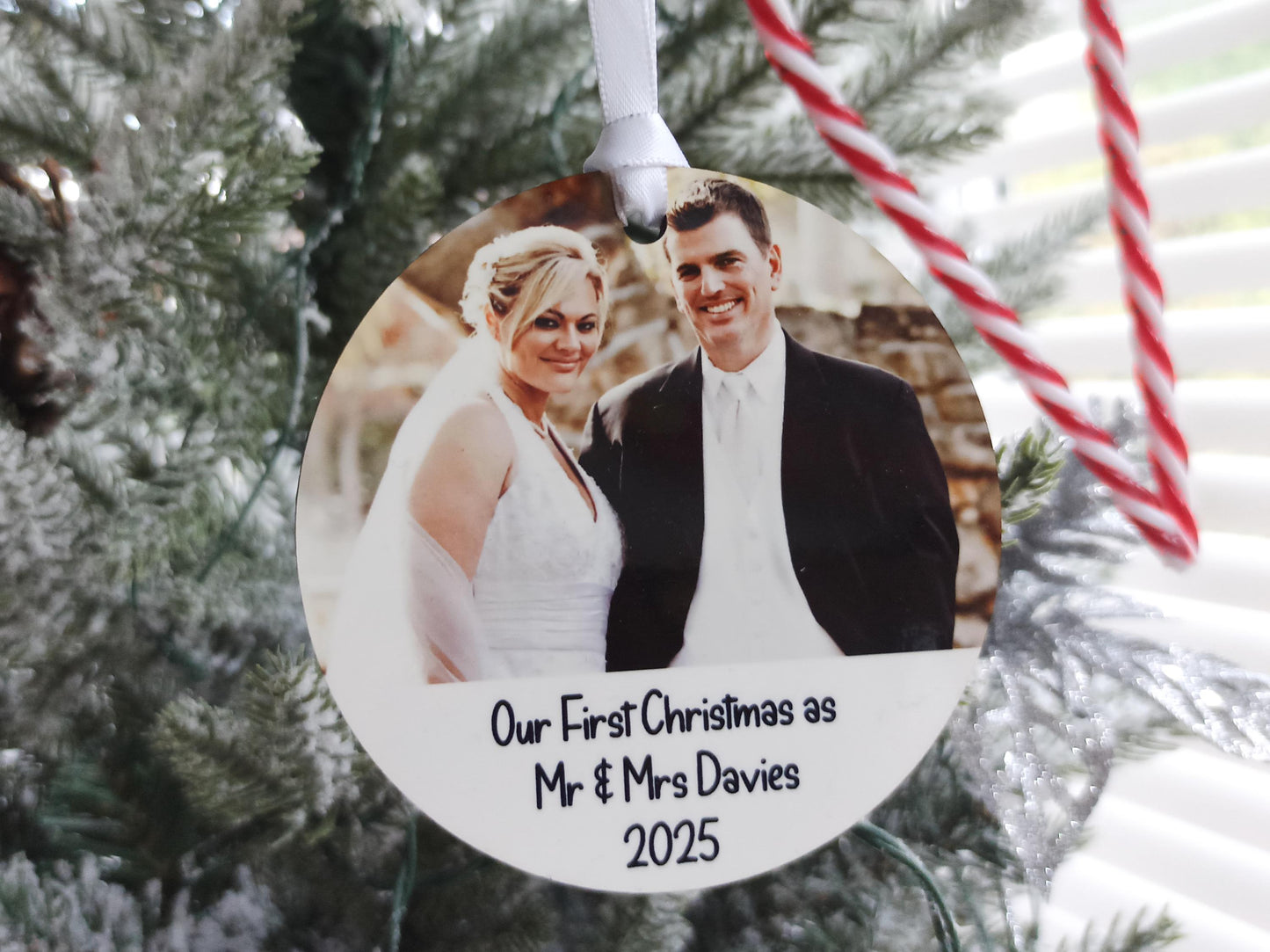 Our First Christmas as Mr & Mrs, Personalised Photo and Text Hanging Christmas