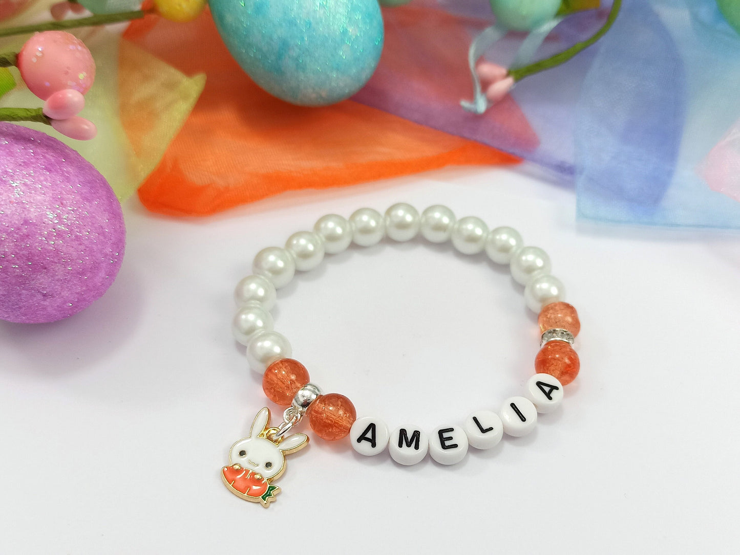 Girls Bunny Rabbit Name Bracelet Beaded Gift Personalised Choice of colours available