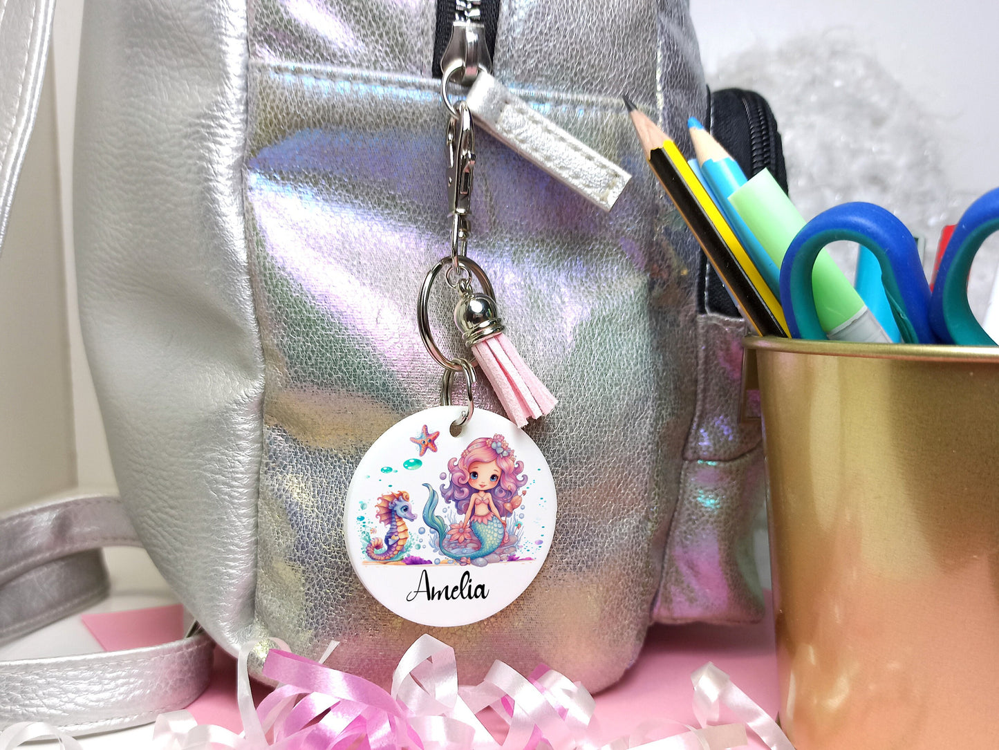 Mermaid Bag tag Personalised Keyring, School bag tag