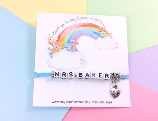 Teacher Bracelet Personalised with name, End of term thank you gift for TA, Teaching Assistant, Nursery Worker, SENCO, PSA