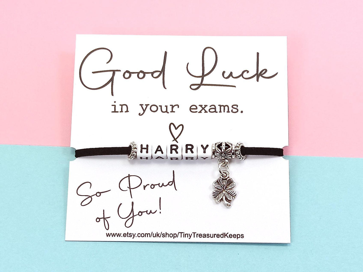 Good Luck Exams,  Personalised Bracelet with Name, Clover Charm