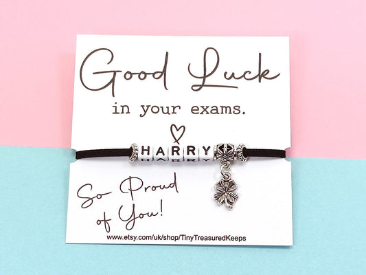 Good Luck Exams,  Personalised Bracelet with Name, Clover Charm