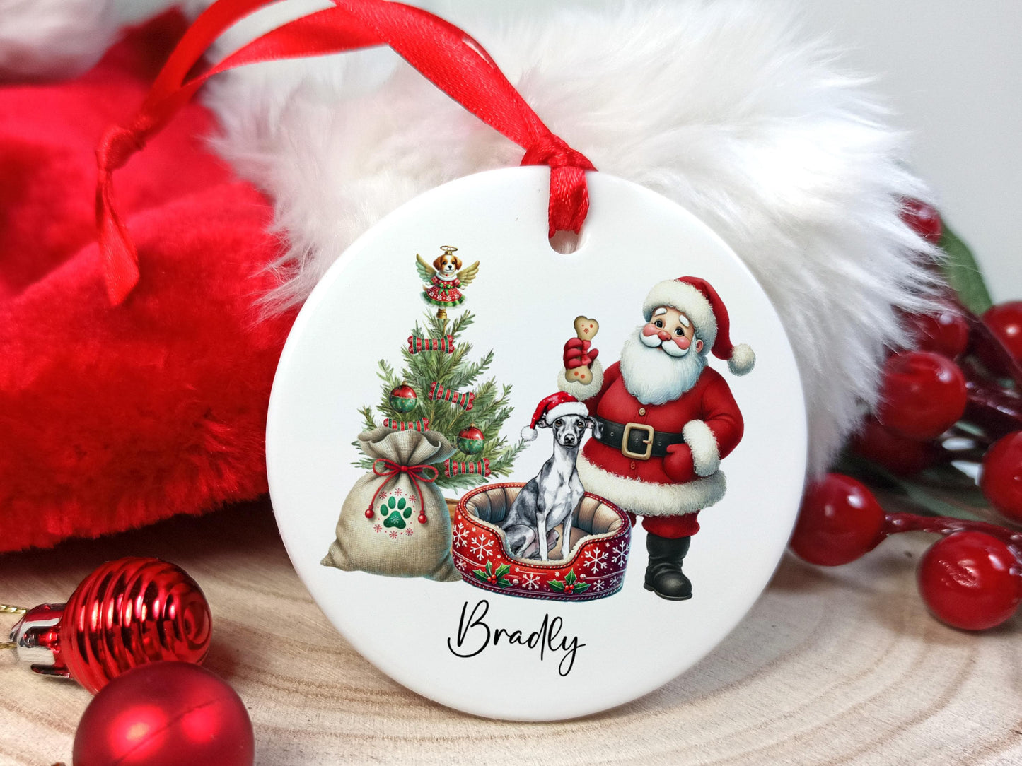 Whippet Christmas Personalised Ornament | Ceramic Dog Tree Decoration | Festive Pet Name Gift |  Keepsake