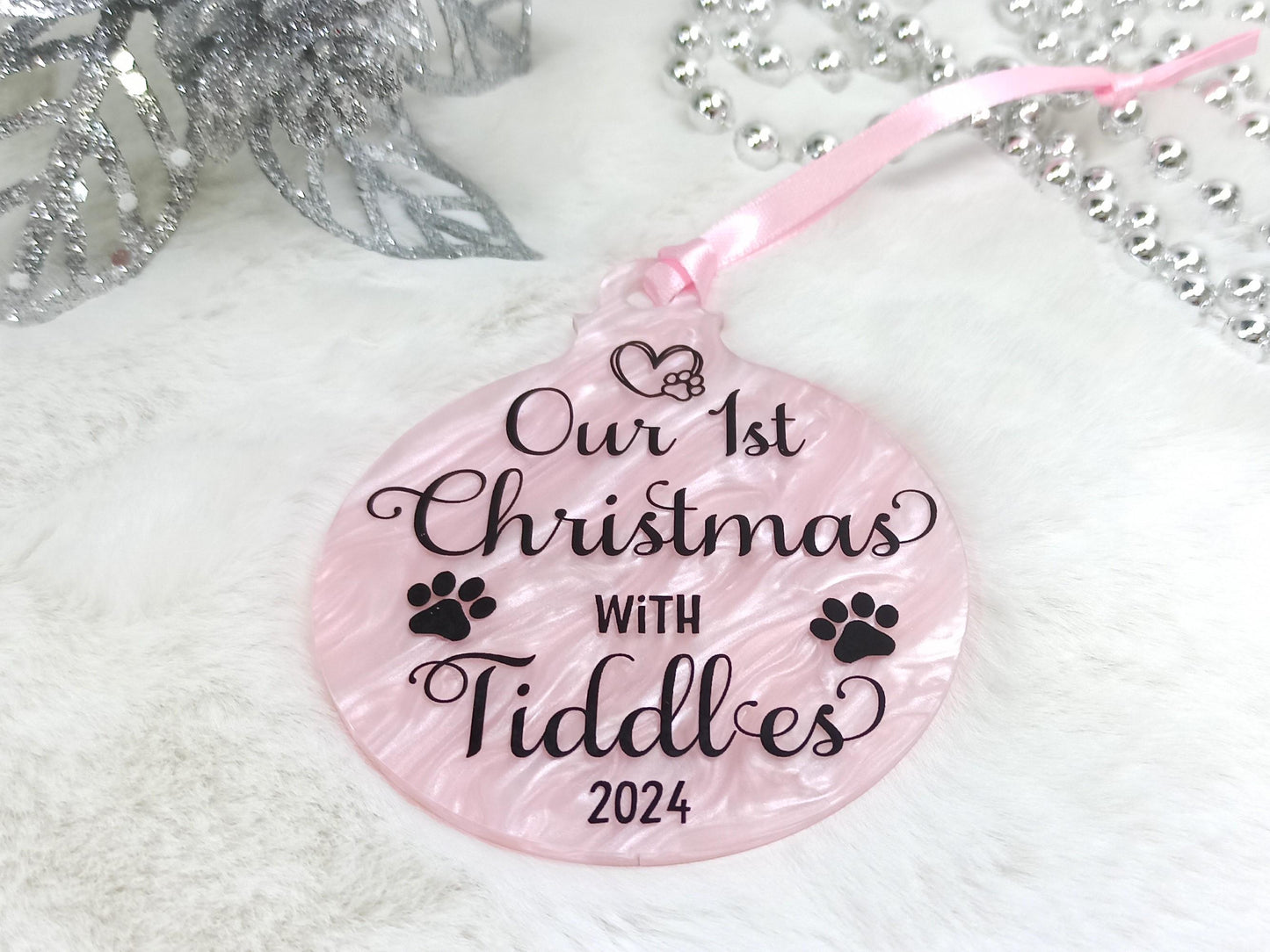 Our 1st Christmas with Cat or Dog, Pink Personalised Hanging Christmas Tree Decoration