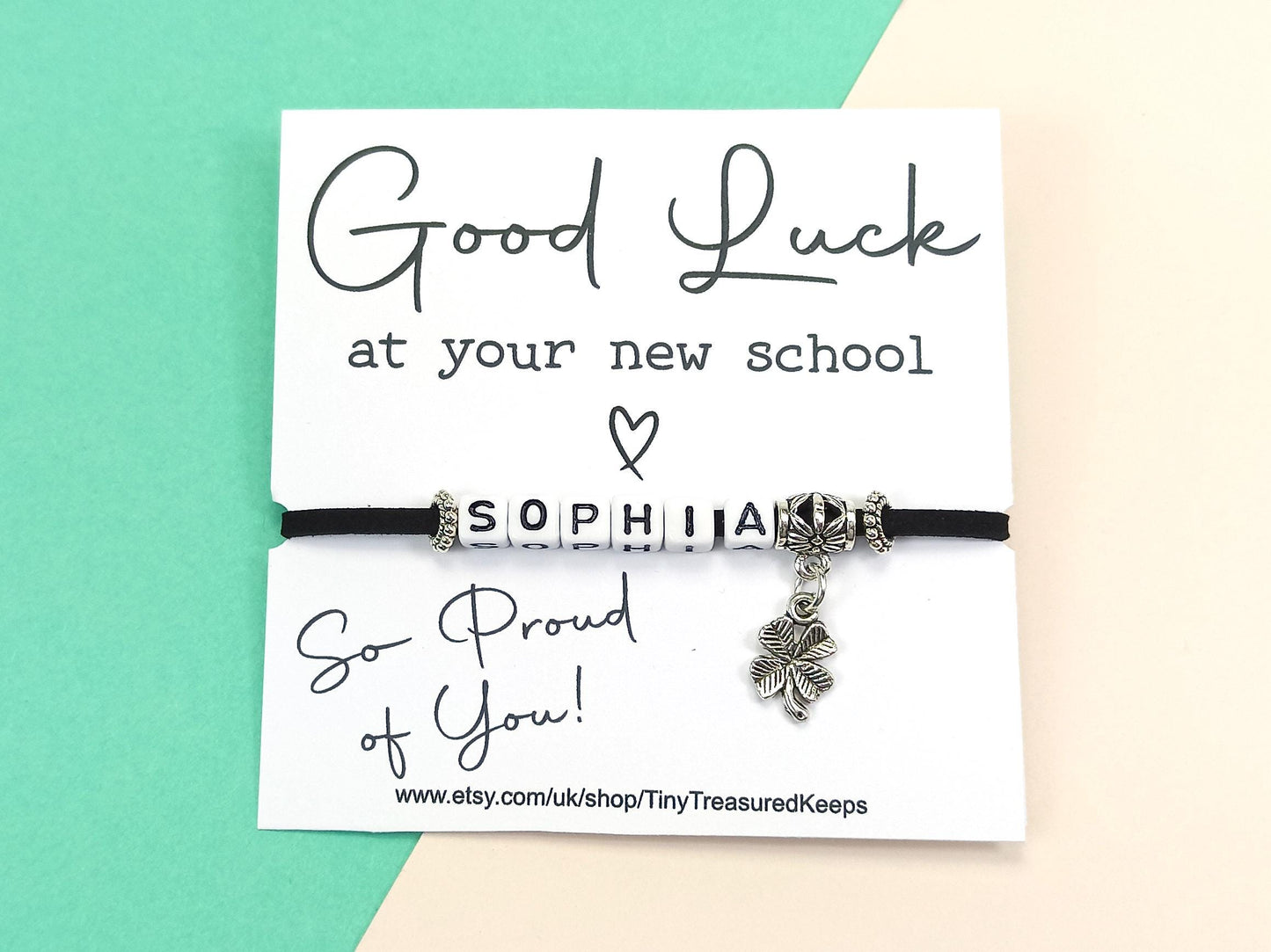 Good Luck at your New School Bracelet – Personalised Name Gift – Back to School Keepsake –  Choose Colour – New School Year Gift