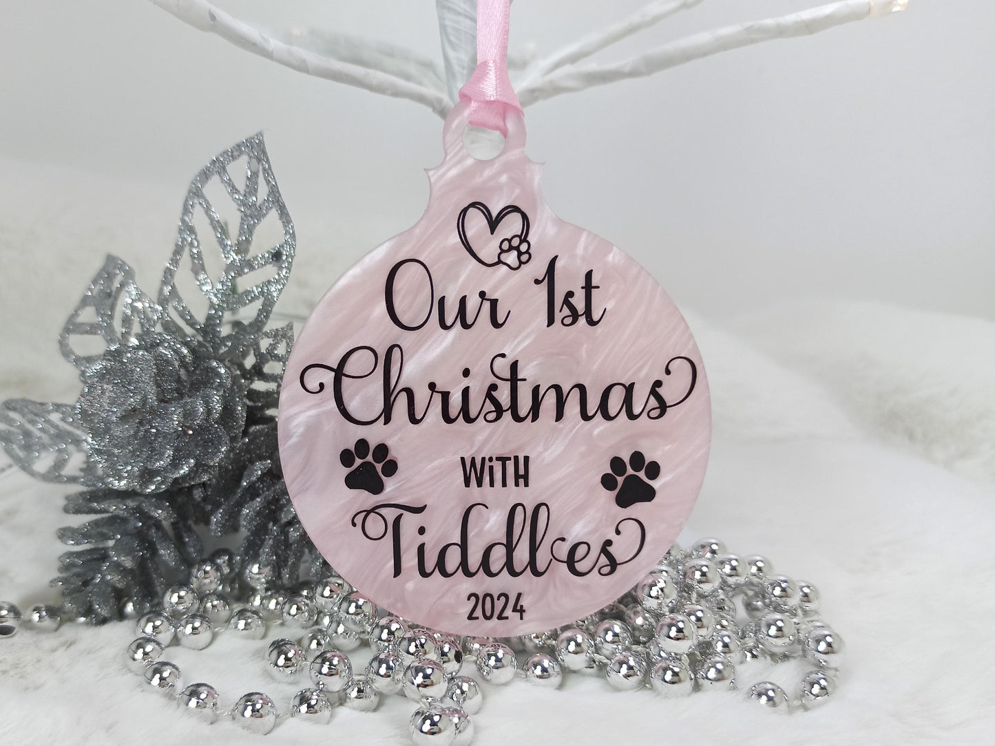 Our 1st Christmas with Cat or Dog, Pink Personalised Hanging Christmas Tree Decoration