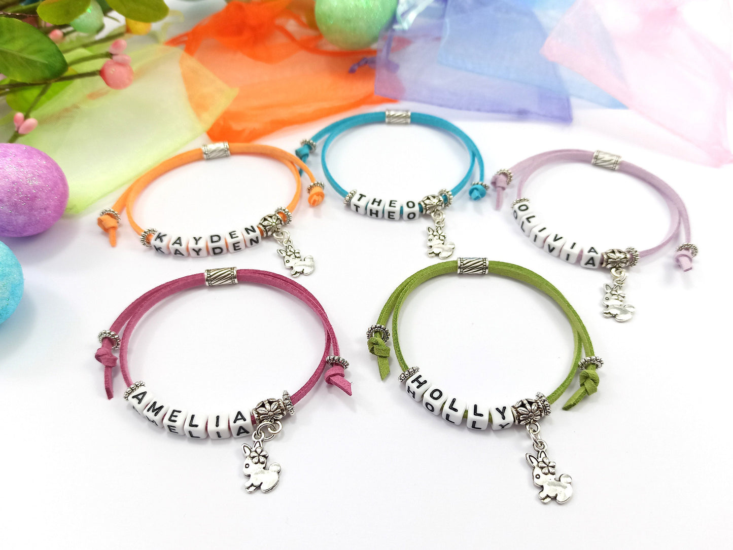 Childrens Name Bracelet with Rabbit Charm | Personalised Gift | Kids Bracelet | Choice of colours