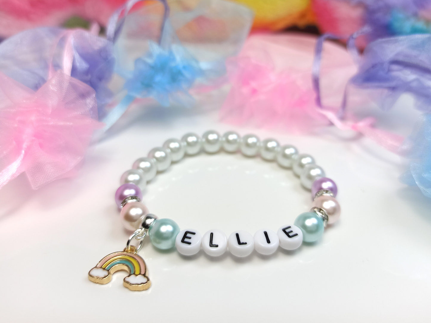 Personalized Girls Rainbow Charm Bracelet: Pastel Pearl Bead, Flower Girl Gift