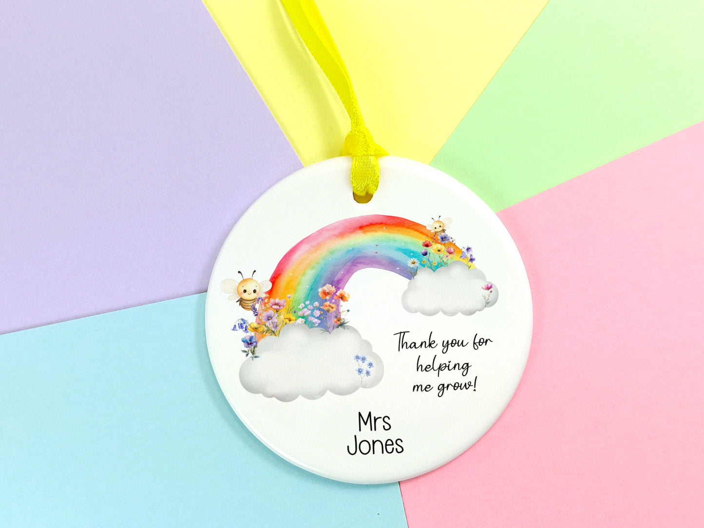 Teacher Gift.  Ceramic Hanging Keepsake personalised with name, presented in a gift box.  Thank you for helping me grow.