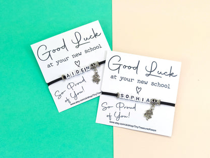 Good Luck at your New School Bracelet – Personalised Name Gift – Back to School Keepsake –  Choose Colour – New School Year Gift