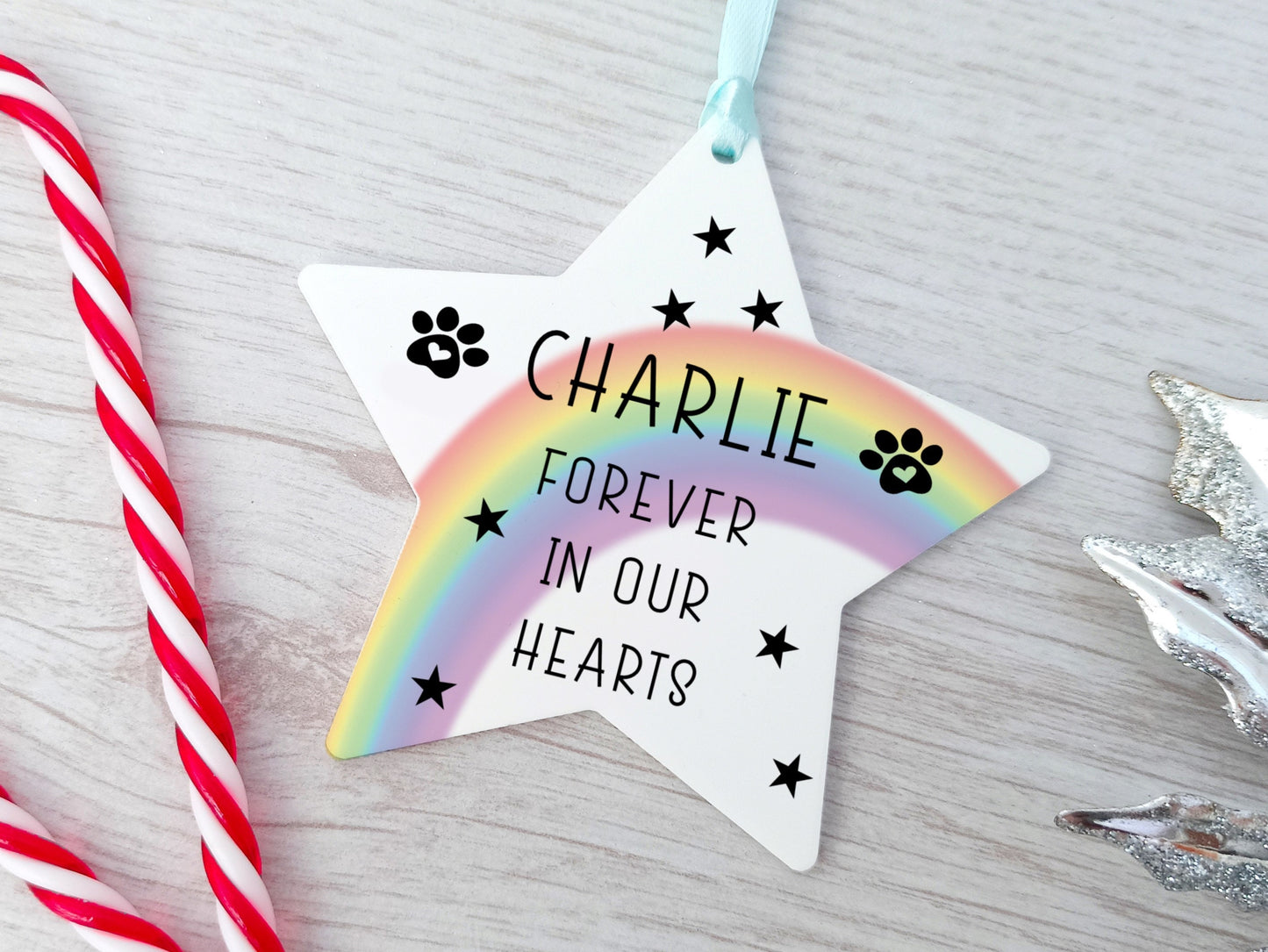 Pet Loss Personalised Star, Hanging Christmas Tree Decoration Rainbow Bridge
