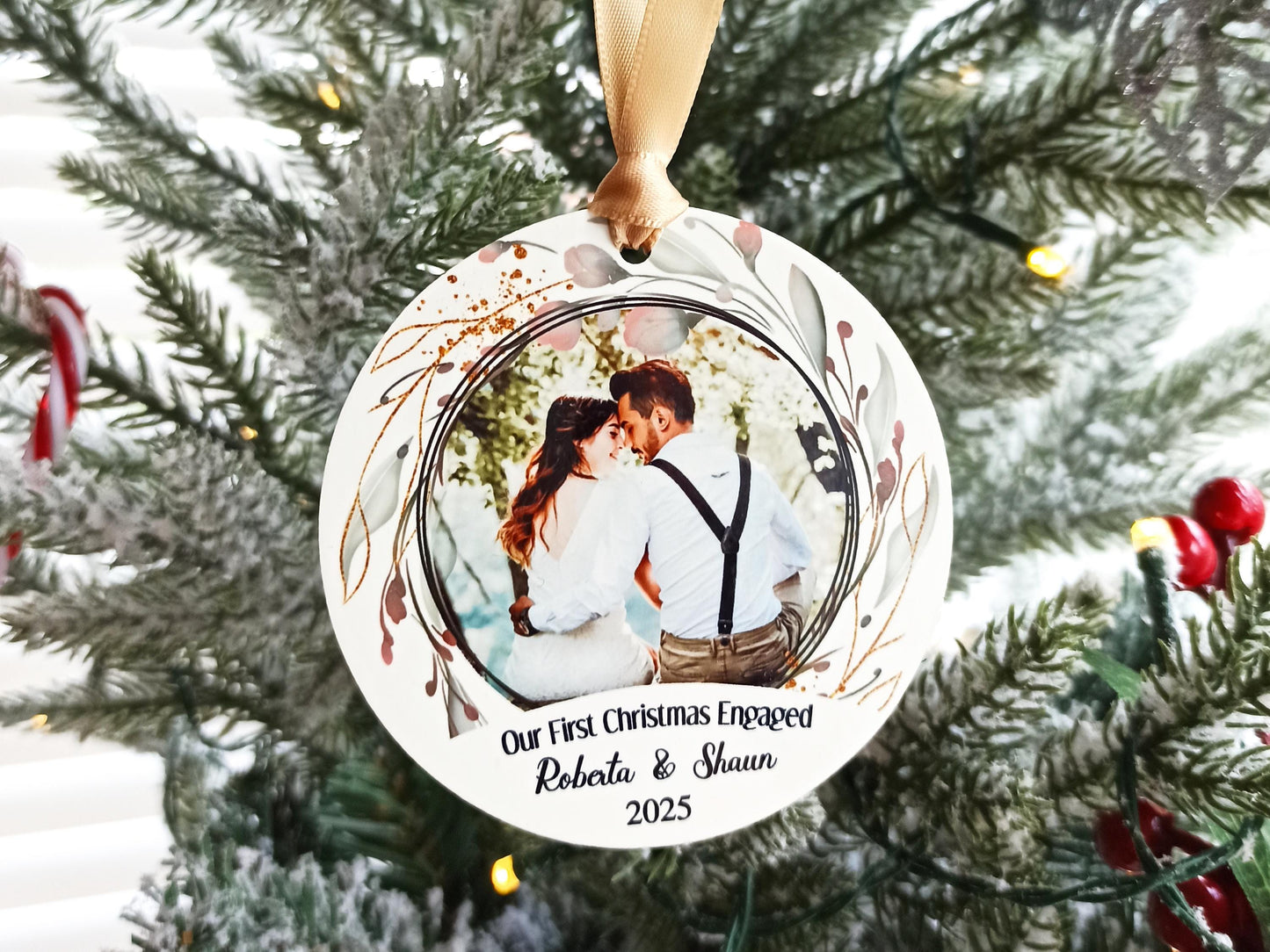 Our First Christmas Engaged, Personalised Photo Tree Decoration