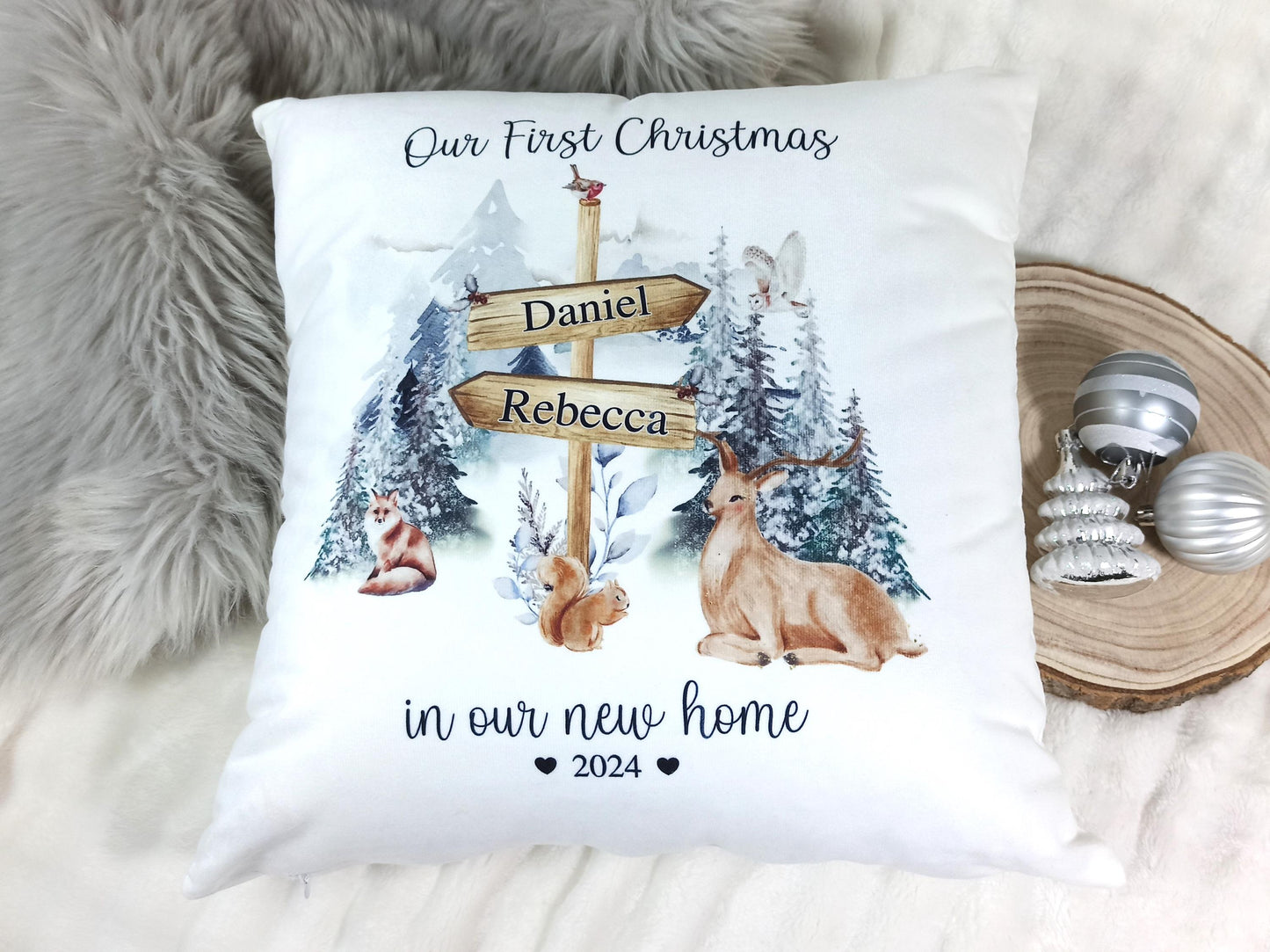 First Christmas in our new home personalised cushion.