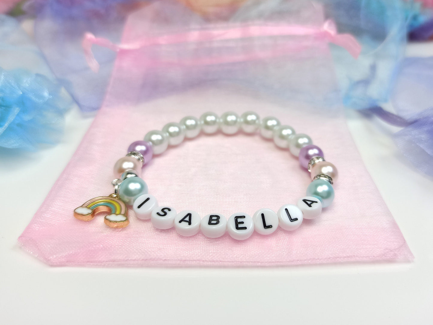 Personalized Girls Rainbow Charm Bracelet: Pastel Pearl Bead, Flower Girl Gift