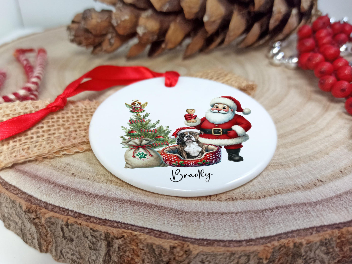 Staffordshire Bull Terrier Christmas Personalised Ornament | Staffy |Ceramic Dog Tree Decoration | Festive Pet Name Gift |  Keepsake