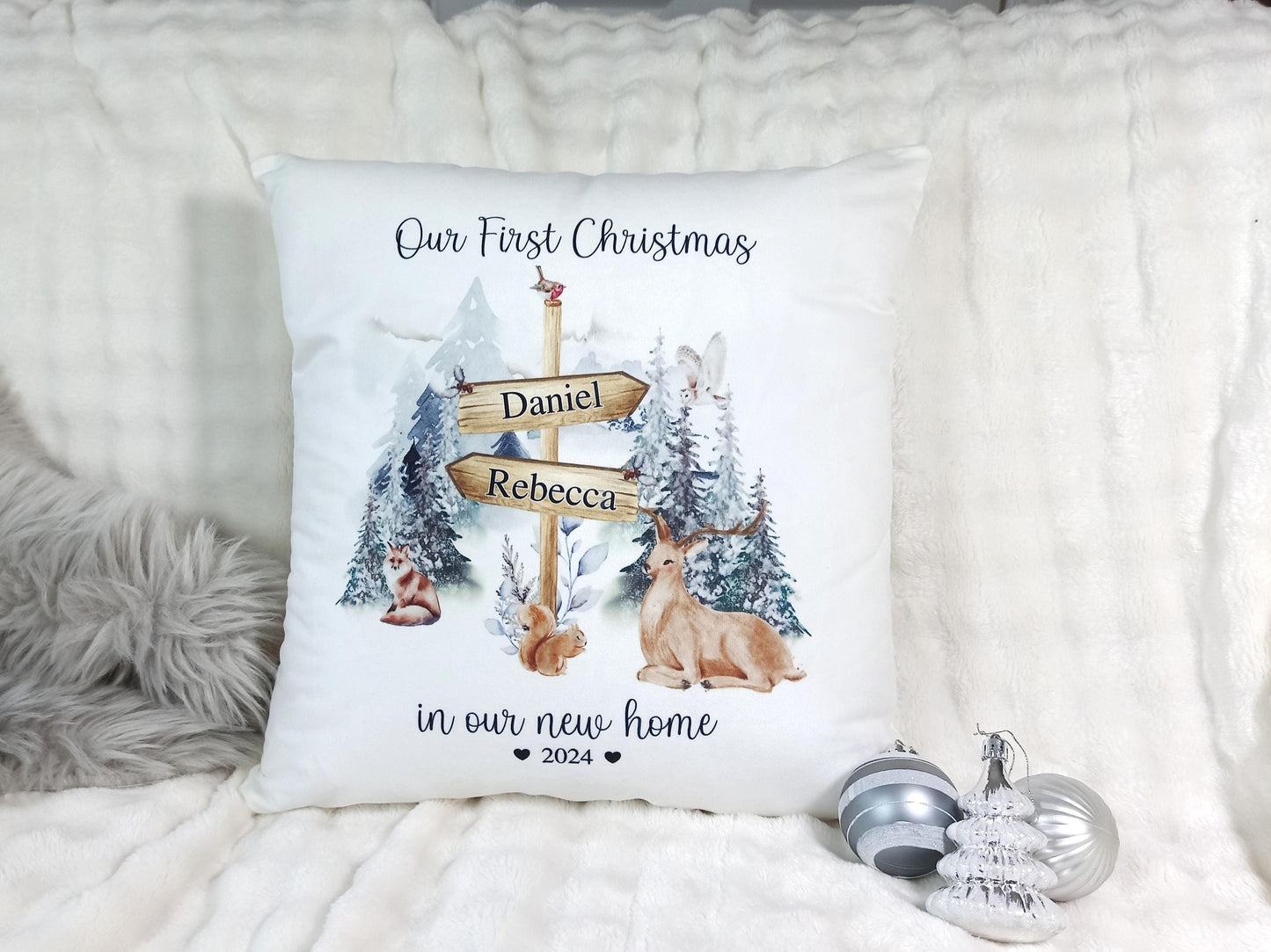 First Christmas in our new home personalised cushion.