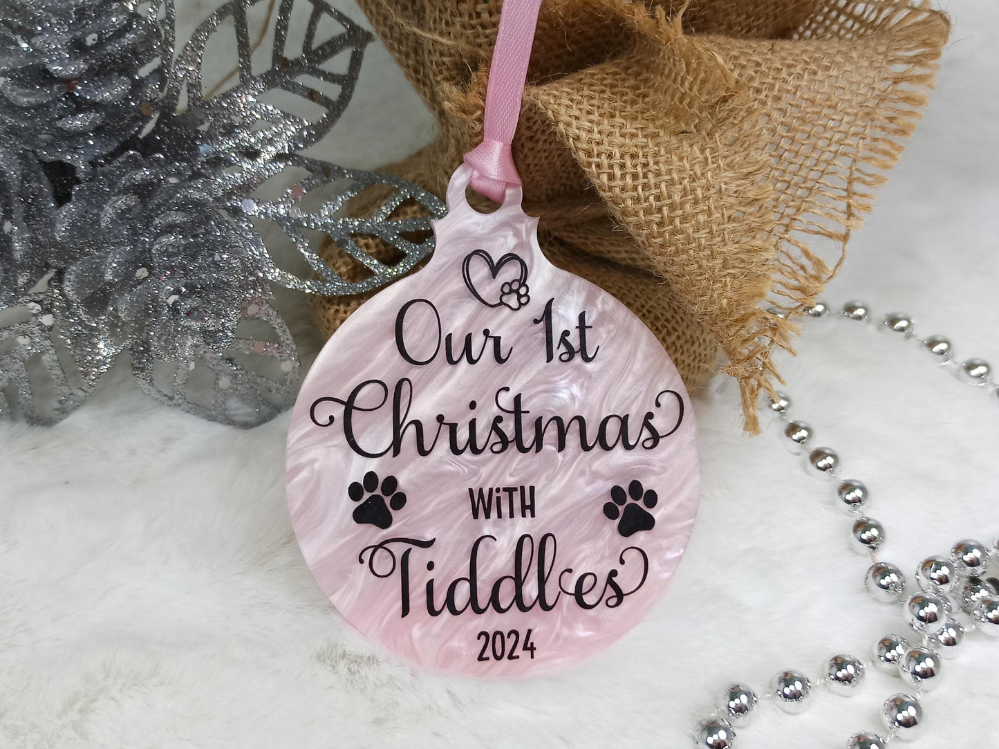 Our 1st Christmas with Cat or Dog, Pink Personalised Hanging Christmas Tree Decoration