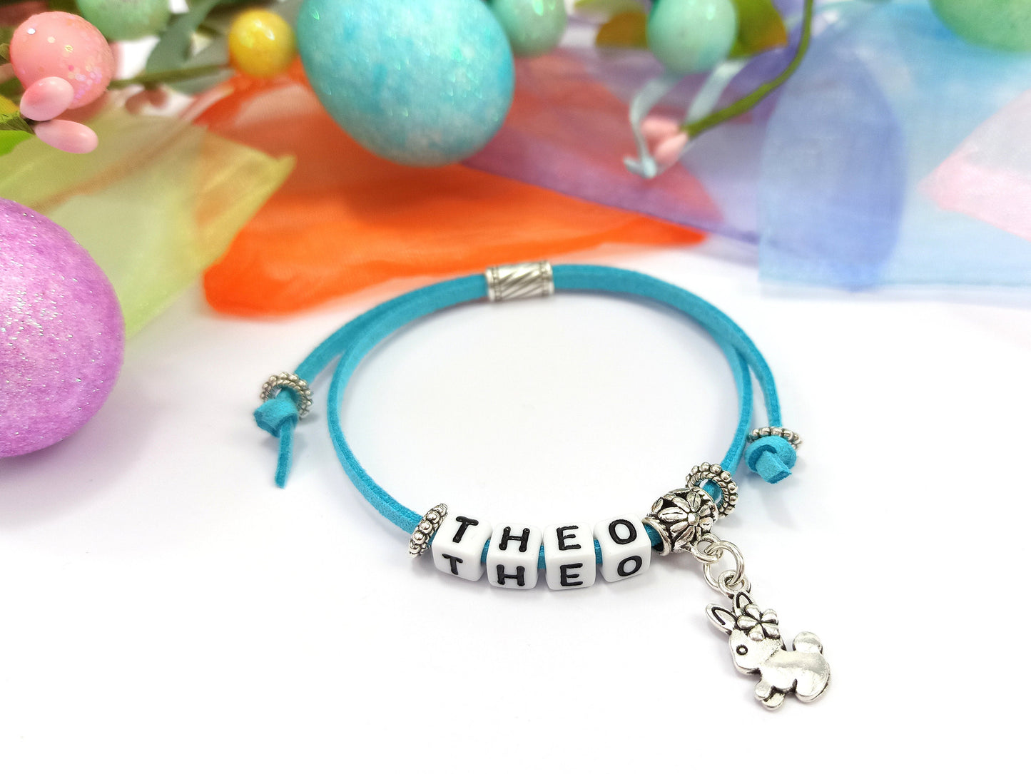 Childrens Name Bracelet with Rabbit Charm | Personalised Gift | Kids Bracelet | Choice of colours