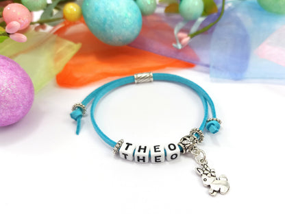 Childrens Name Bracelet with Rabbit Charm | Personalised Gift | Kids Bracelet | Choice of colours