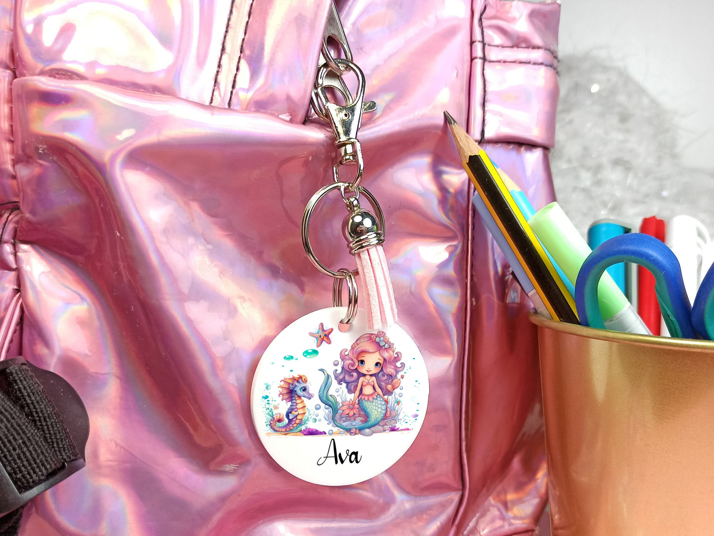 Mermaid Bag tag Personalised Keyring, School bag tag