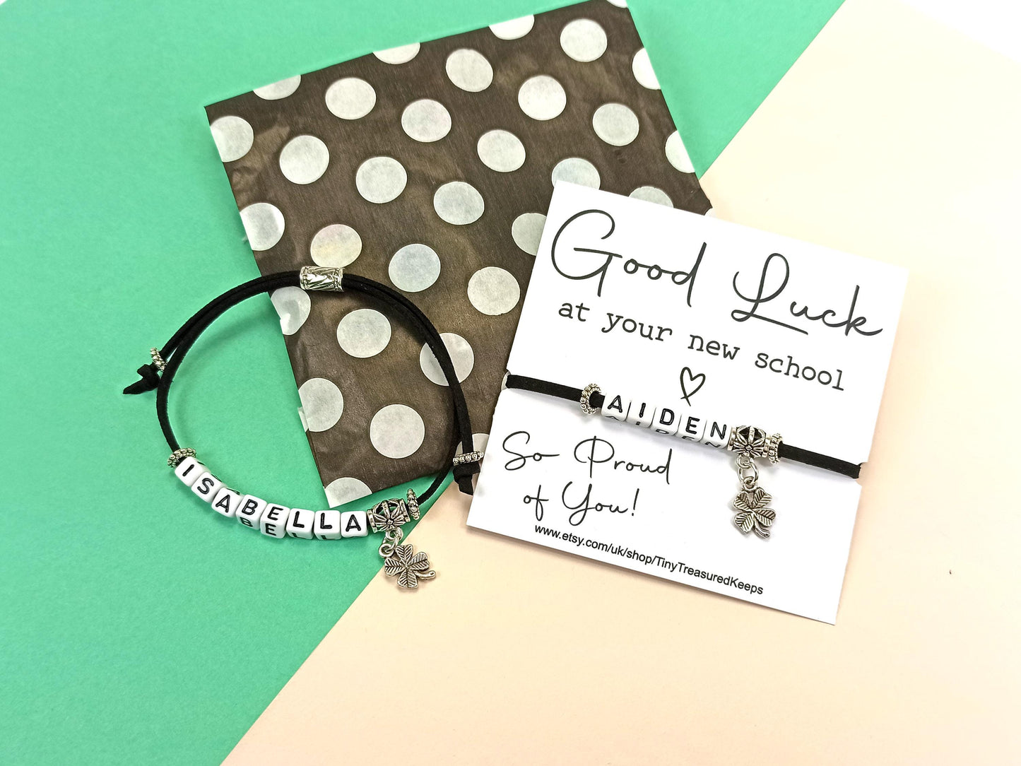 Good Luck at your New School Bracelet – Personalised Name Gift – Back to School Keepsake –  Choose Colour – New School Year Gift