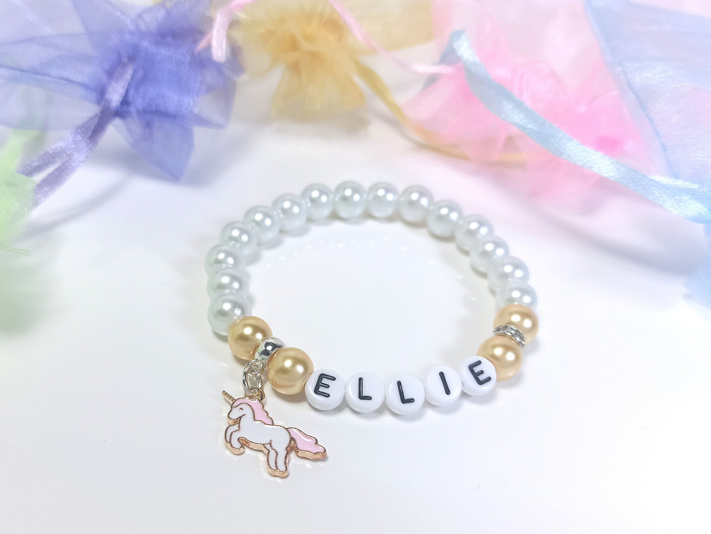 Girls Unicorn Name Bracelet  Beaded Personalised