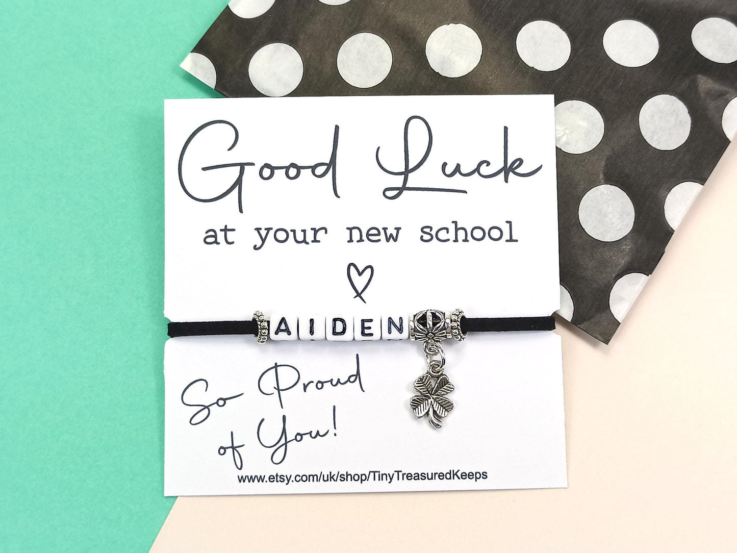 Good Luck at your New School Bracelet – Personalised Name Gift – Back to School Keepsake –  Choose Colour – New School Year Gift