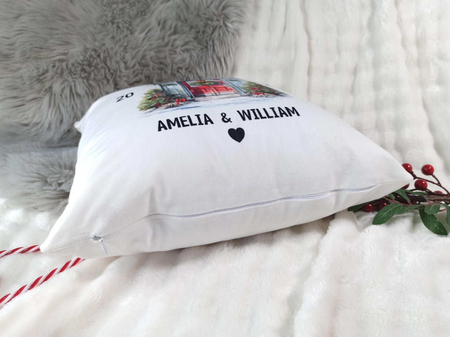 First Christmas Living Together Cushion. Personalised gift for couples.