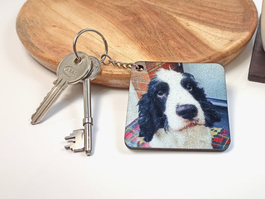 Pet Loss Rainbow Keyring, Personalised Photo, Sparkly Glitter MDF, Dog or Cat Remembrance Keepsake