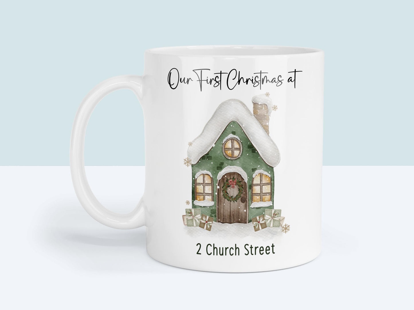 Personalized First Christmas Home Mug – “Our First Christmas At” New Address Gift, New Homeowner Gift, Xmas Housewarming Mug