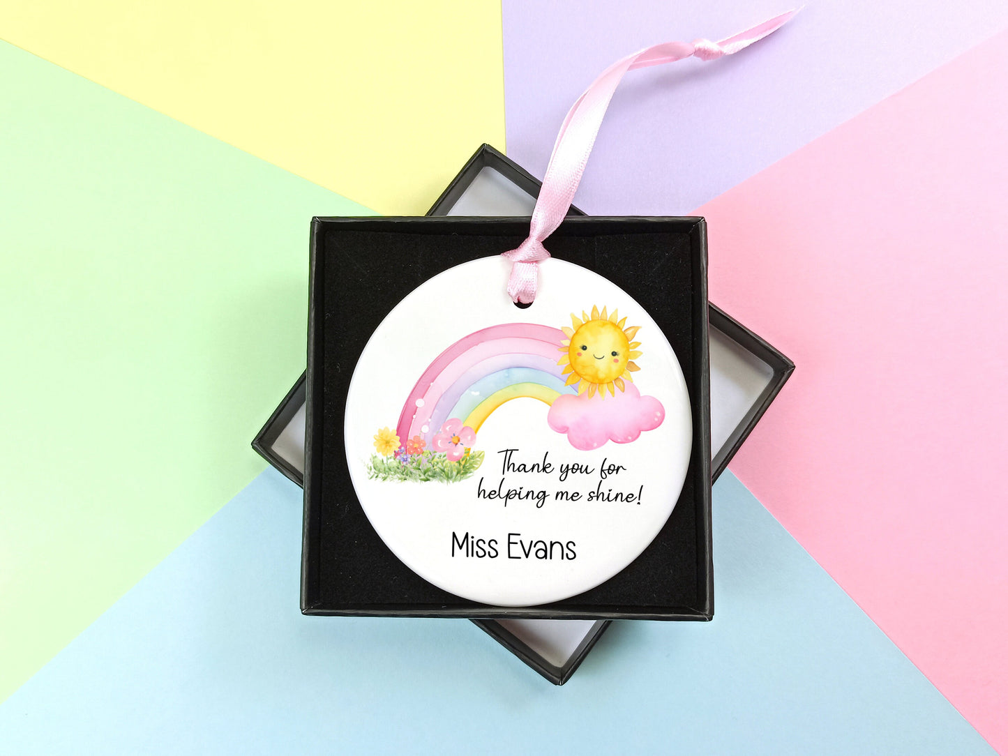 Teacher Gift.  Ceramic Hanging Keepsake personalised with name, presented in a gift box.  Thank you gift for teaching staff.