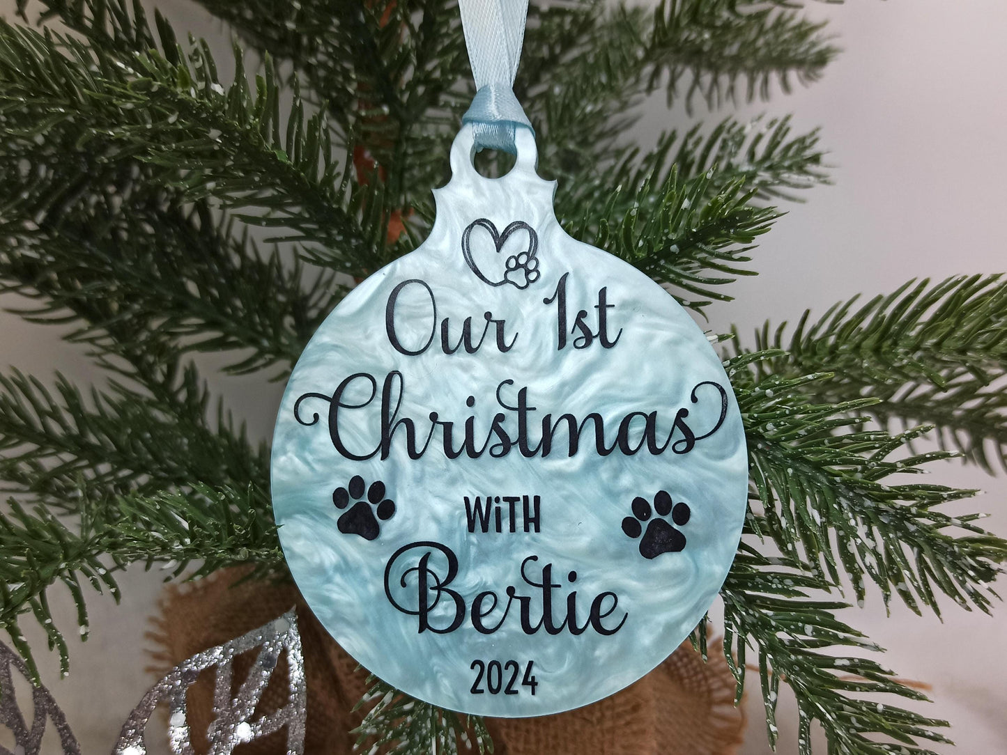 1st Christmas with Dog or Cat, Blue Personalised Hanging Christmas Tree Decoration