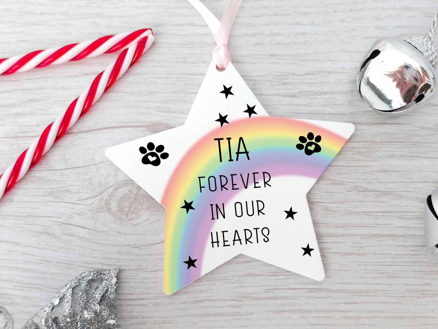 Pet Loss Personalised Star, Hanging Christmas Tree Decoration Rainbow Bridge
