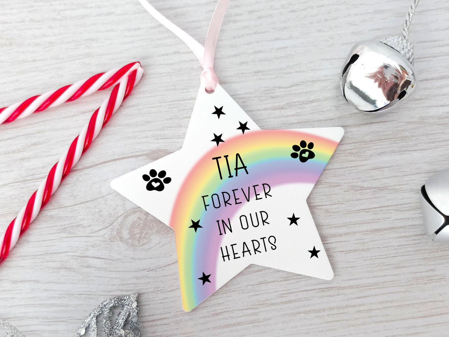 Pet Loss Personalised Star, Hanging Christmas Tree Decoration Rainbow Bridge