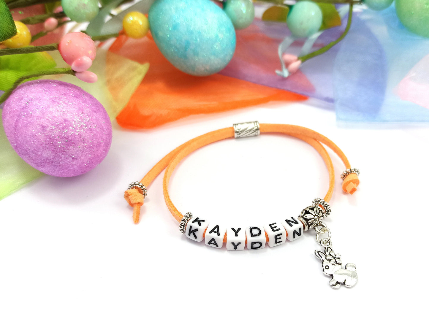 Childrens Name Bracelet with Rabbit Charm | Personalised Gift | Kids Bracelet | Choice of colours