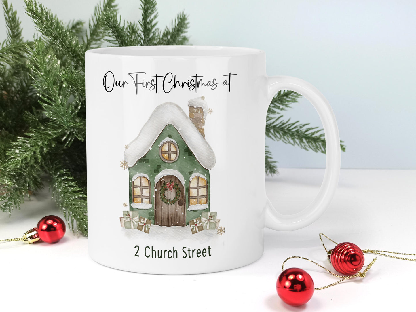 Personalized First Christmas Home Mug – “Our First Christmas At” New Address Gift, New Homeowner Gift, Xmas Housewarming Mug